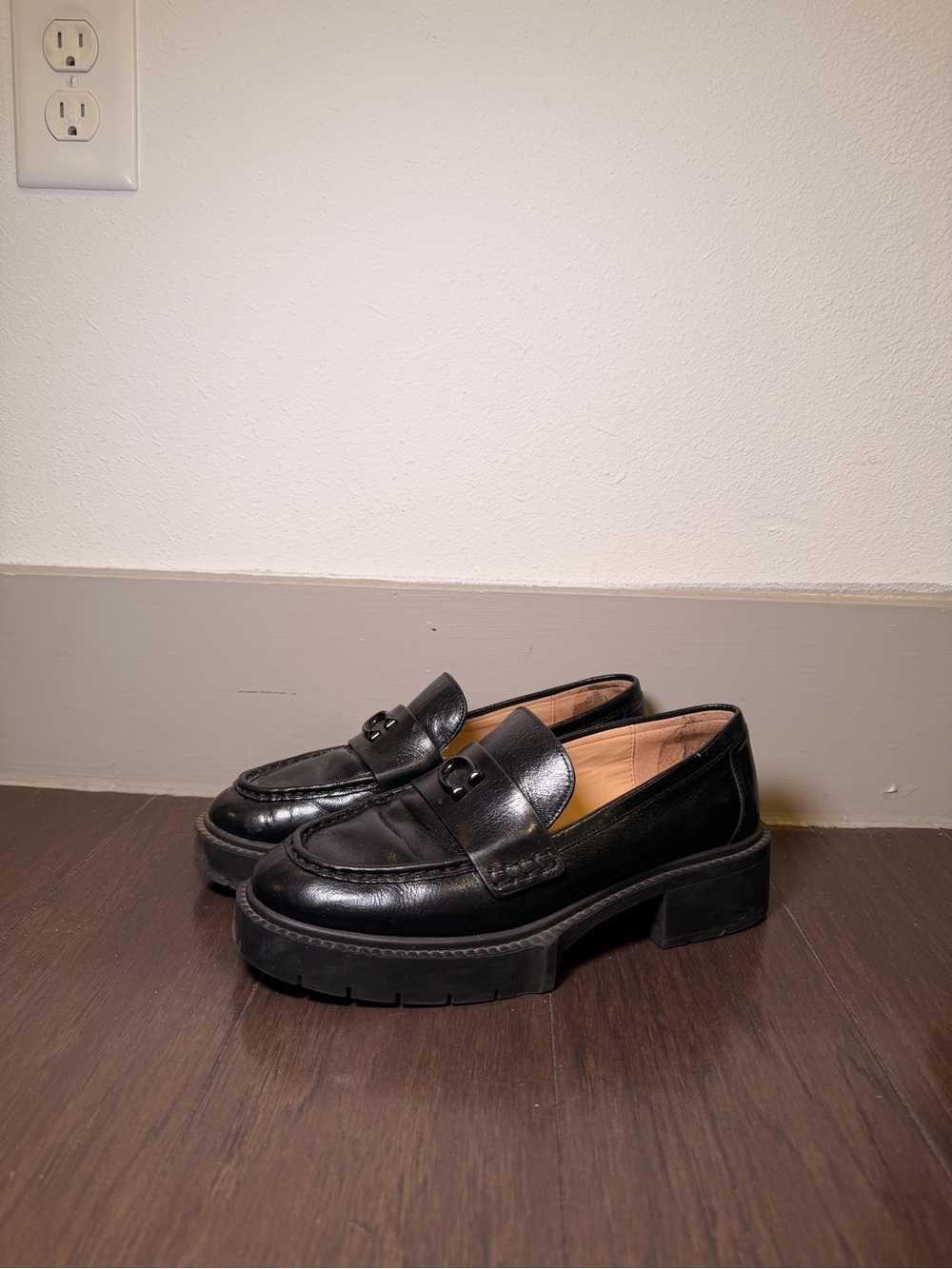 Coach Black Leather Chunky Sole Penny Loafers